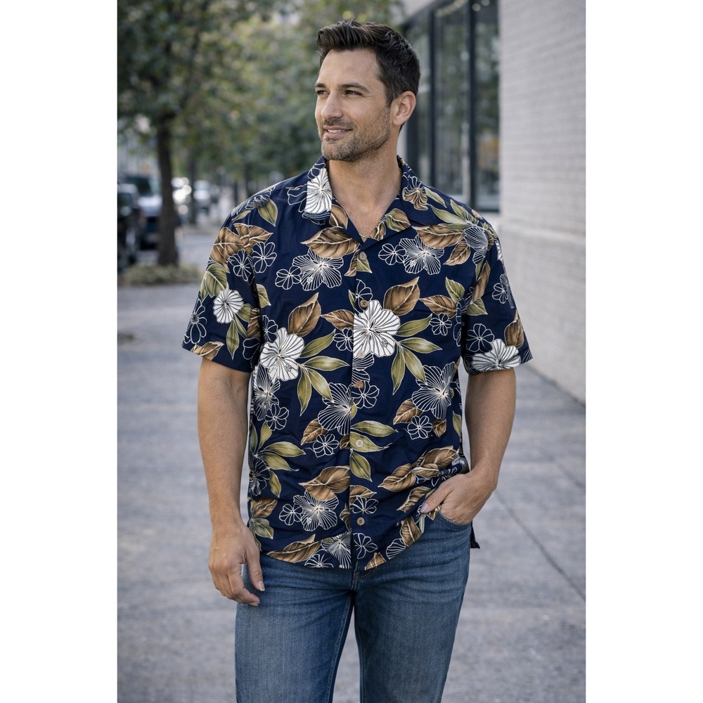 Pacific Legend‎ Hawaiian Shirt L Blue Brown White Floral 100% Cotton Aloha USA